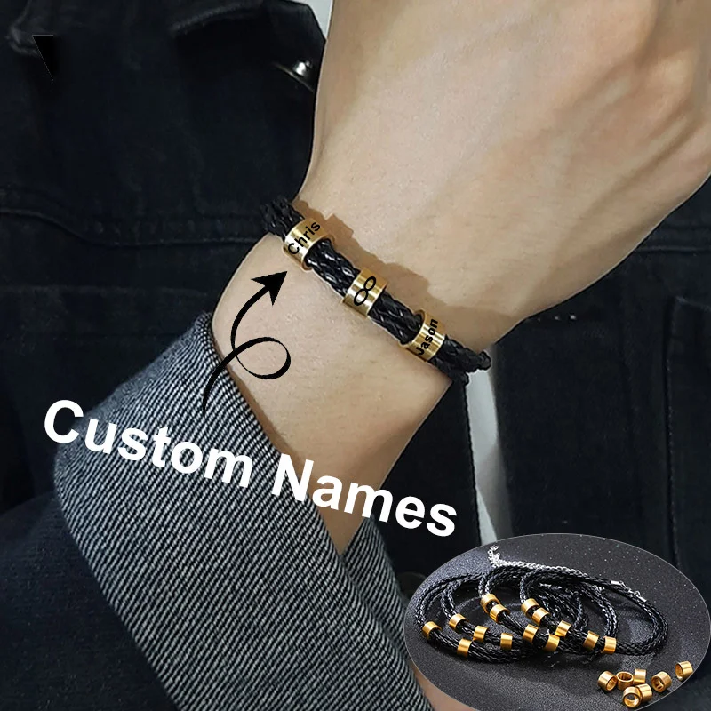 

Men's Free Personalize Names Beads Charm Bracelets Stylish Multi-Layered Braided Leather Rope Custom BFF Family Gifts