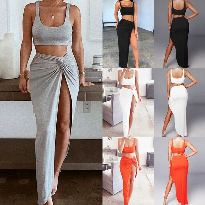 

Sexy Party 2 Piece Set Women Crop Top Twist Side Split Long Skirts Matching Sets Club Two Piece Outfits