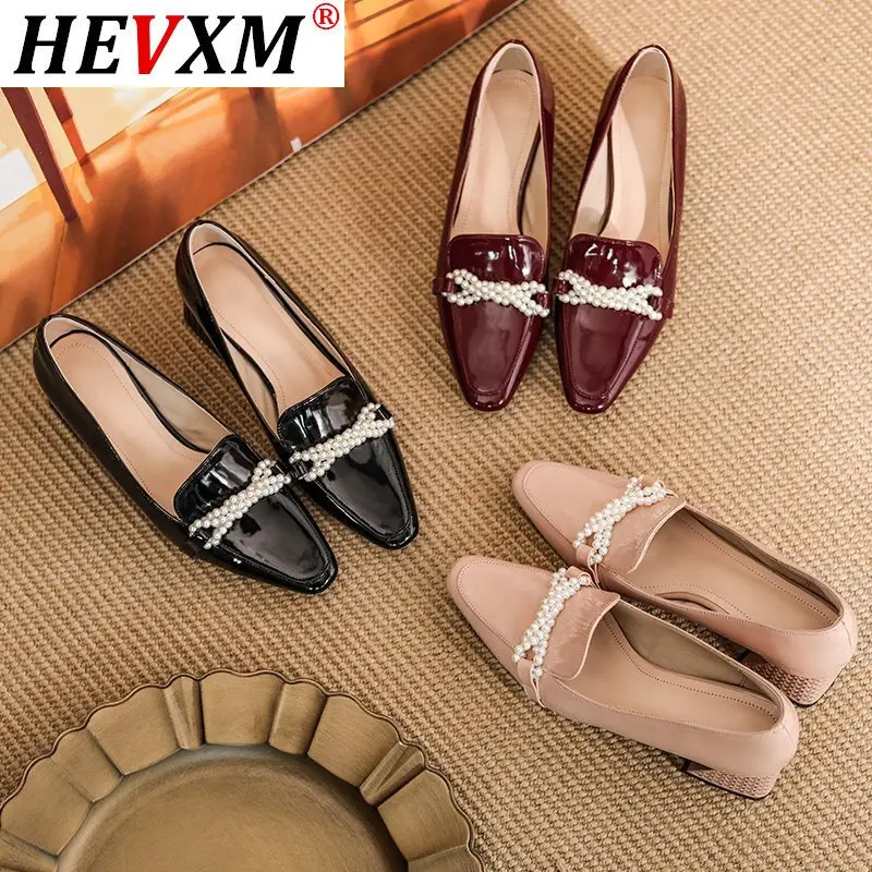 

HEVXM 2021 Thick Heel Genuine Leather Sweet Pearl Wedding Women Shoes Square Toe Brand High Heel Shoes Women High Heel Shoes