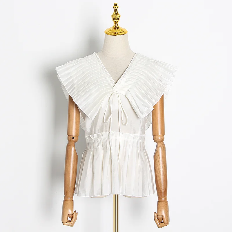 

Ruched Elegant Pink Blouse For Women V Neck Sleeveless Solid Minimalist Large Size Shirt Female 2020 New Fashion Clothing K864