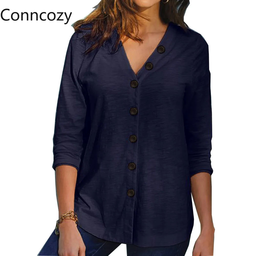 

Autumn Women's Button Up Shirts Casual Button V Neck Long Sleeve Loose Blouse Solid Color Leisure Female Tops Plus Size Tops