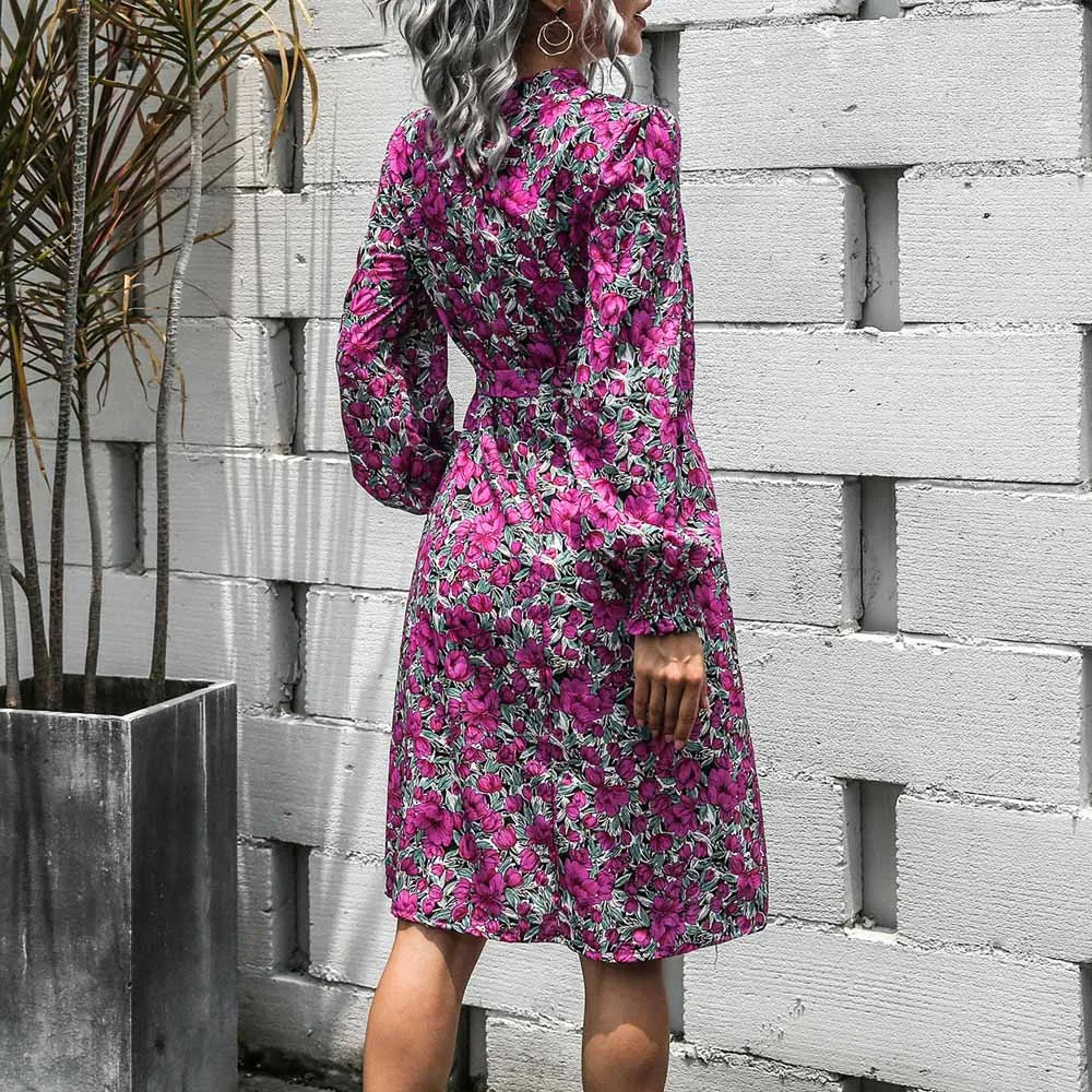

New Women Dress Chiffon Floral Flower Printed Lantern Long Sleeve Female Elegant Stand Collar Spring Autumn Woman Chic Dresses