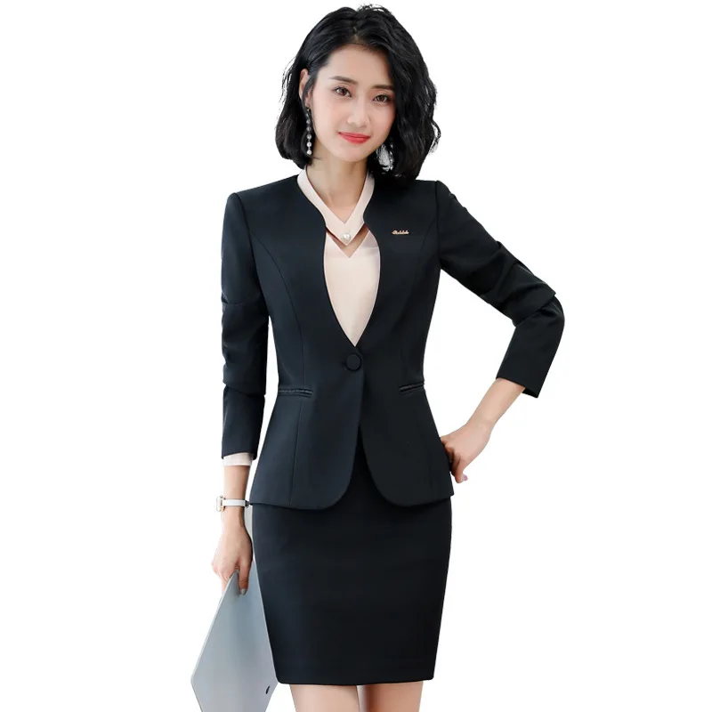 Для женщин с длинным рукавом Блейзер офисные костюмы юбкой модные зубчатый