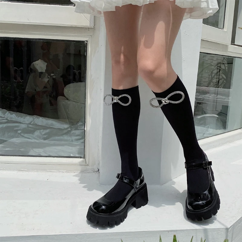 

Women Summer Silky Knee High Socks Sweet Shiny Crystal Rhinestone Bowknot Japanese Lolita Kawaii Student Stockings
