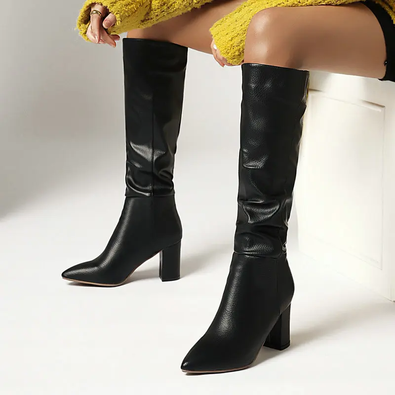

2021 New Winter Women Boots Fashion Slip On Knee High Boots Ladies Pointed Toe Thick High Heel Long Boots Winter Lady Shoes