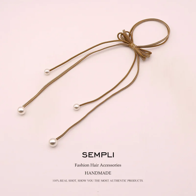 Sempli 6 Colors Nylon Strong Elastic Hair Bands For Women's Pearl Tassel Headwear Girls Kids Accessories Satin Scrunchies |