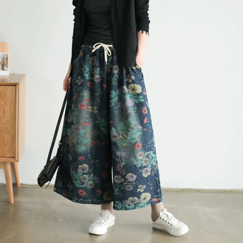 Женские джинсы с широкими штанинами Johnature свободные винтажные цветочным принтом