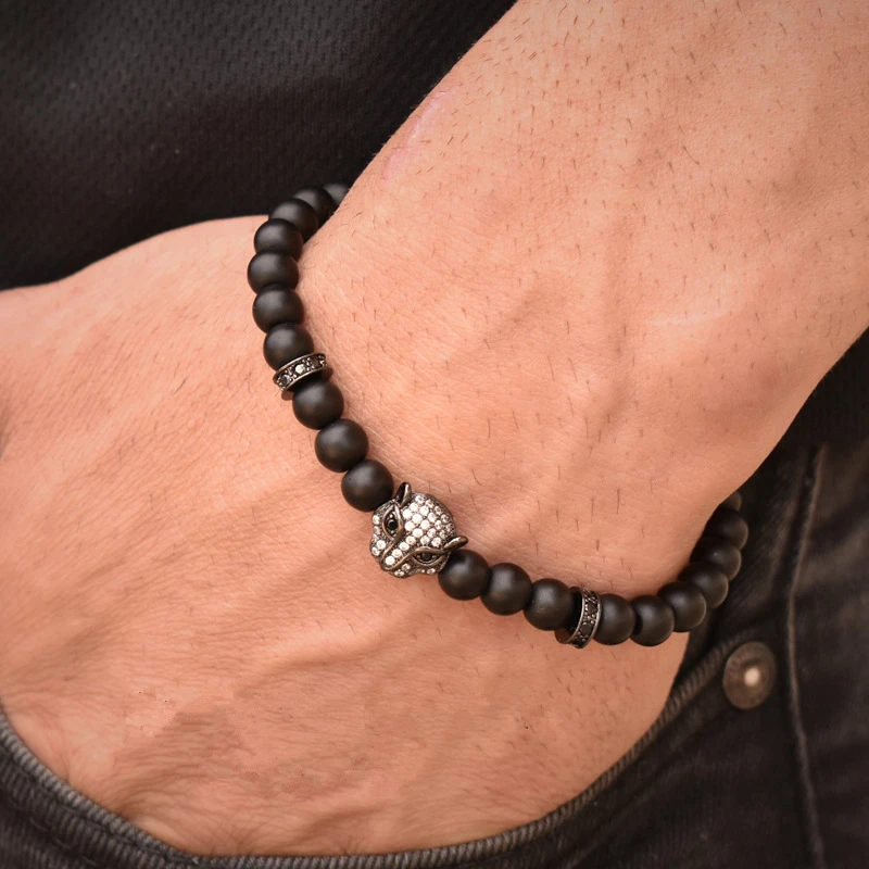 Модные леопардовые бусины браслет для мужчин и женщин 6 мм матовые черного цвета