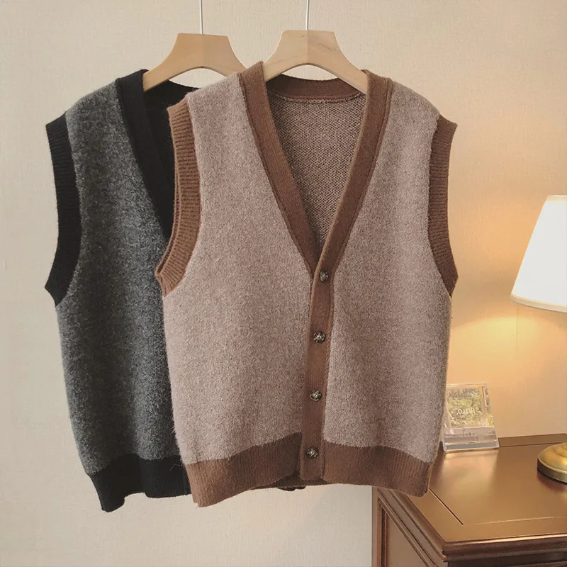 

2022 Spring Autumn Retro Vest Cardigans Knitwear Casual Patchwork Loose Femme Sweaters Coats Chic Office Lady Warm Women Tops