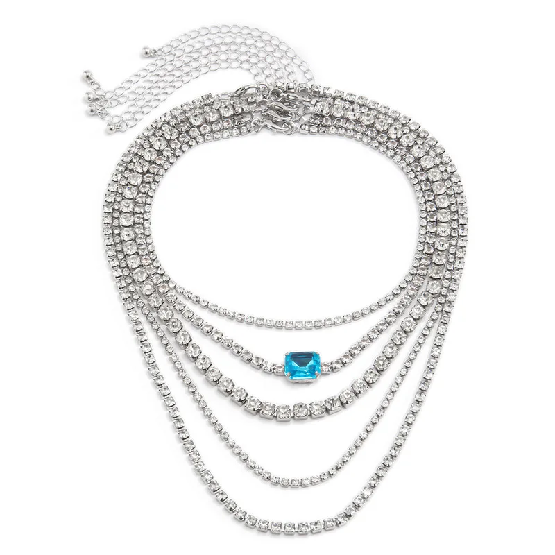 

TIMEONLY Punk Square Crystal Chokers Necklaces for Women Blue Color Rhinestones Multi Layered Pendant Necklace Hip Hop Jewelry