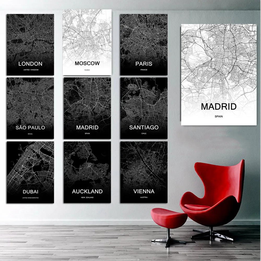 

Black White Custom City Map Poster London Moscow Vienna Auckland Madrid Santiago Los Angeles Dubai Canvas Prints Wall Art Decor