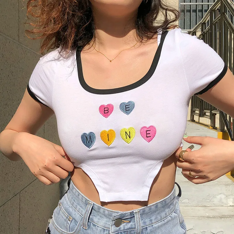 

Ladies T-Shirt Street Sexy Slim Navel Fashion Love Pattern U Collar Letter Embroidery Embroidered Tank Top Casual Fashion 2021