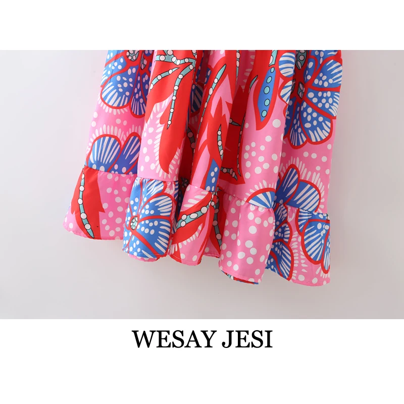 

WESAY JESI Women's Clothing Za Dresses Color Irregular Print Dress Sweet Sleeveless Loose Vintage Temperament Elegant Long Dress