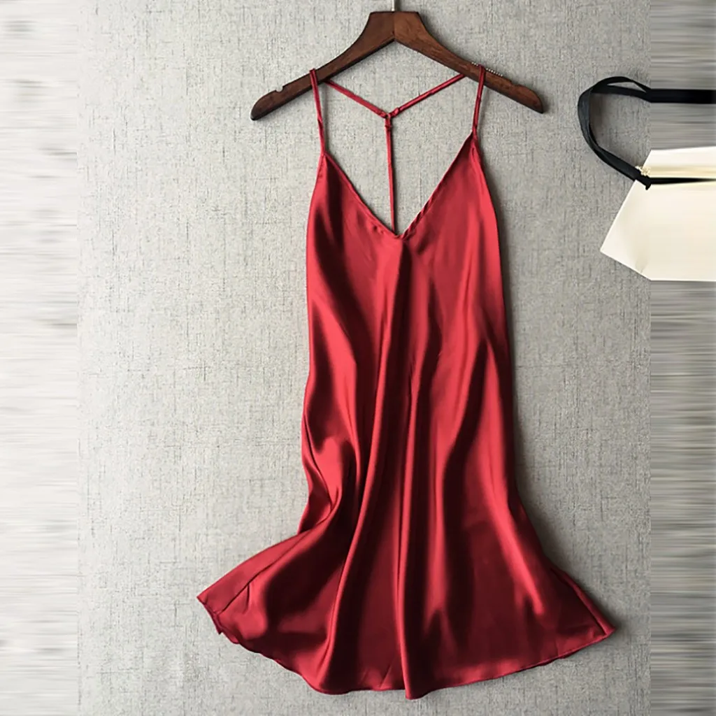 

Erotic lingerie for women Sexy Silk Satin Night Dress Sleeveless Nighties V-neck Nightgown Nightdress Sleepwear Nightwear #W