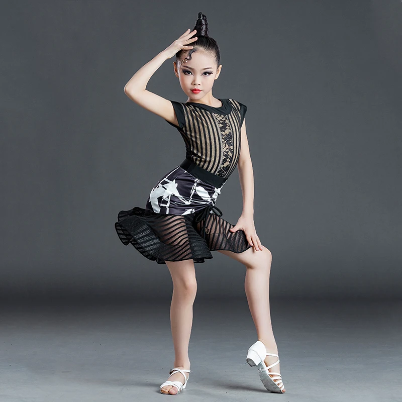 

New Children Latin Dance Dress Stripes Short Sleeves Practice Clothes Girls Cha Cha Ballroom Dancing Performance Clothing