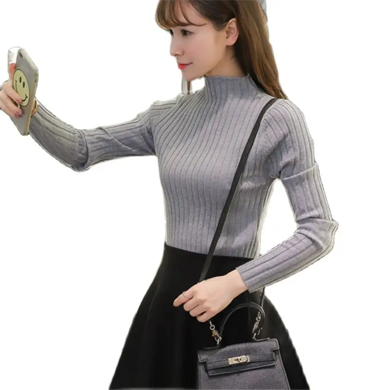 women 2021 new semi-high collar Pullover short knitted sweater Korean version of slender long sleeve bottom Shirt Black | Женская одежда