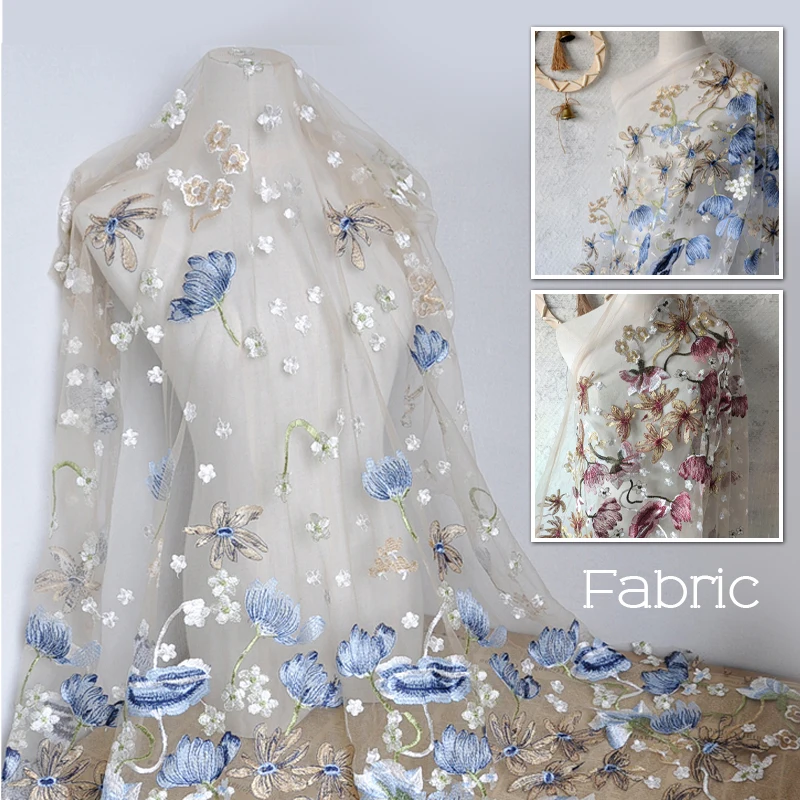 

50cmx130cm Width Beige Flower Lace Trim Embroidered Mesh Fabric High Quality Patchwork Stage Cloth Wedding Veil DIY Accessories