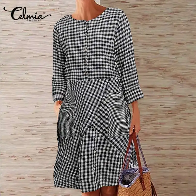 

Celmia Autumn Plaid Dress 2021 Women Long Sleeve Fashion Party Sundress Casual Loose Buttons Pockets Knee-length Vestidos Robe