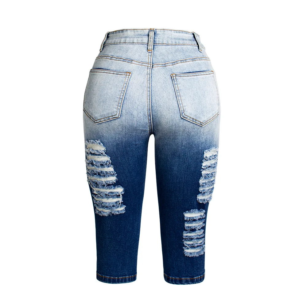 

Jeans new Capris slim stretch holed jeans women's summer