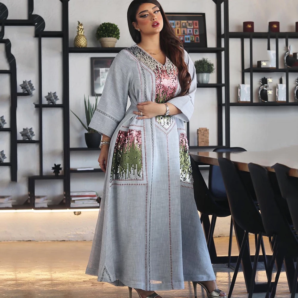 

Moroccan Kaftan Dubai Muslim Fashion Abaya Embroidery Sequin Dress For Women Kimono Robe Arabe Femme European Clothing