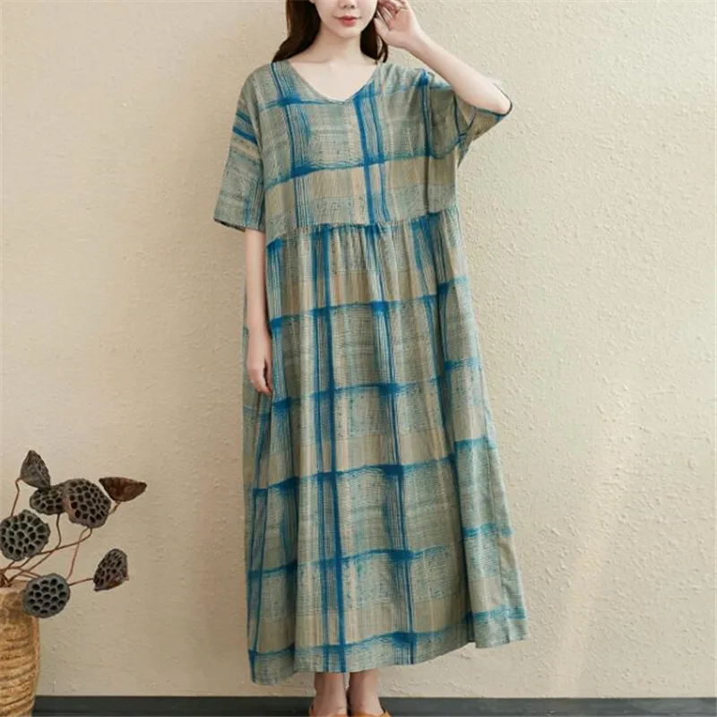 Женское платье из хлопка и льна с коротким рукавом V образным вырезом|Женские