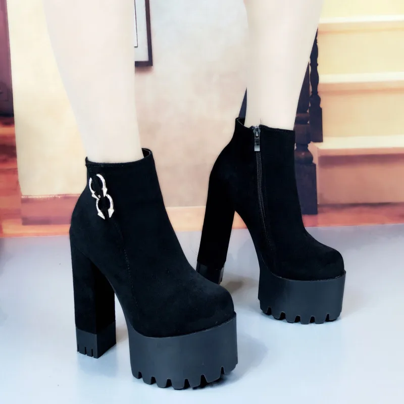 2021 autumn muffin thick heel dance catwalk hate the sky high 15cm super high heel nightclub naked short boots women's