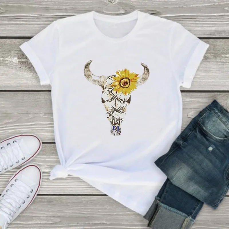 

Vintage Bull Head Print T Shirt Women Short Sleeve O Neck Loose Tshirt Summer Women Tee Shirt Tops Camisetas Mujer