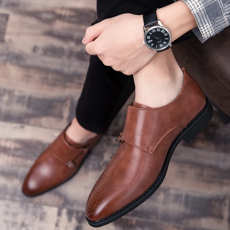 

FIXSYS Leather Men Brogue Dress Shoes Vintage Double Monk Strap Shoes Pointed-toe Oxford Shoes Man Business Wedding Formal Shoes