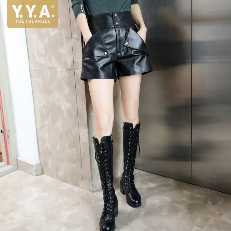 

Motorcycle Biker Women Genuine Leather Shorts Sexy High Waist Wide Leg Shorts Slim Fit Ladies Casual Punk Style Short Trousers