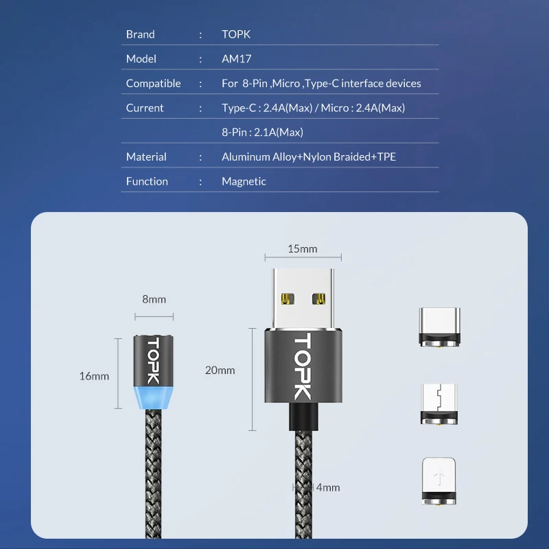 2.4A Быстрая зарядка светодиодный магнитный usb-кабель для IPhone 6 7 8 Plus 5s SE магнит IPad Air USB зарядное устройство кабель type C& Micro USB кабель