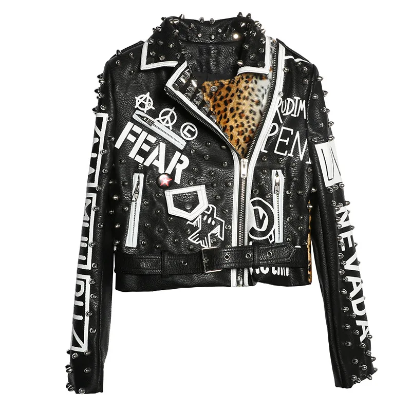 

rivet leopard stitching short motorcycle leather coat Thai tide graffiti print women's long sleeve punk rock coat