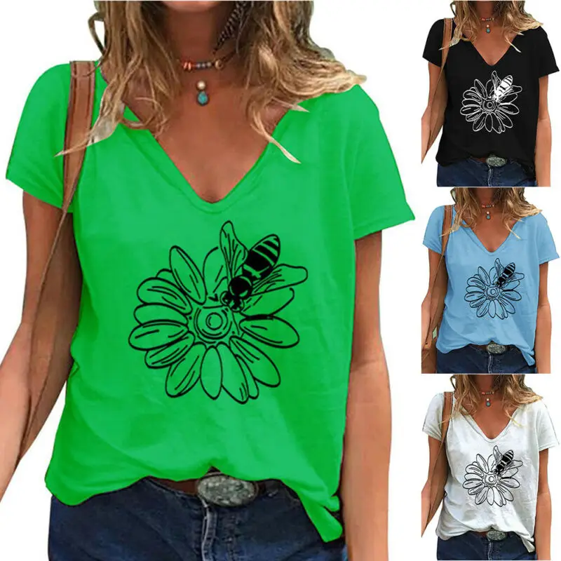 

Women Bee Print V Neck Loose T-Shirt Summer Casual Short Sleeve Tee Tops Blouse