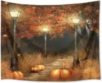Thanksgiving Night Tapestry Wall Hangings Maple Trees and Pumpkins on The Footpath Wall Blanket