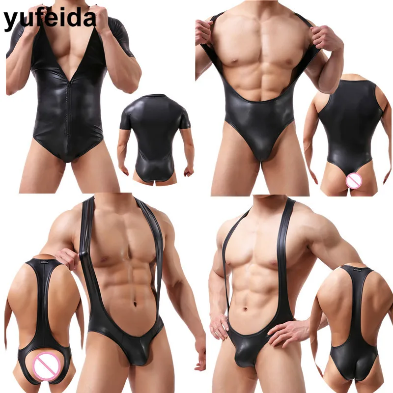 

Sexy Men Underwear Faux Leather Bodysuit Leotard Jumpsuits Undershirts Wrestling Singlet Gay Open Butt Thongs Briefs Bulge Pouch