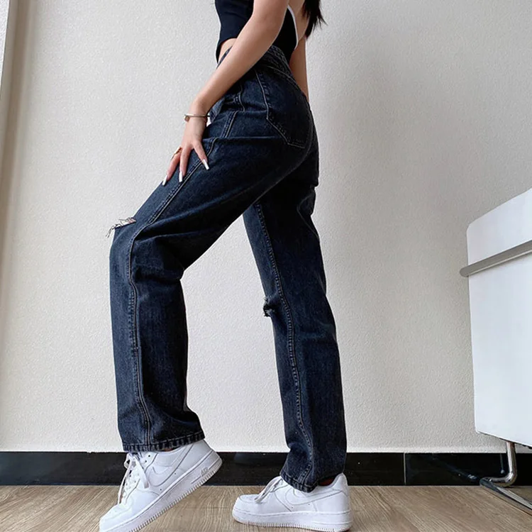 

2021 ladies European and American women's jeans casual wide-leg wash water ripped mid-rise jeans women