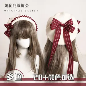 Зимняя теплая Милая шапка Лолита в клетку с бантом и длинной лентой, плоский берет, кавайная шапка японской милой девушки Мори, французский стиль JK, униформа художника