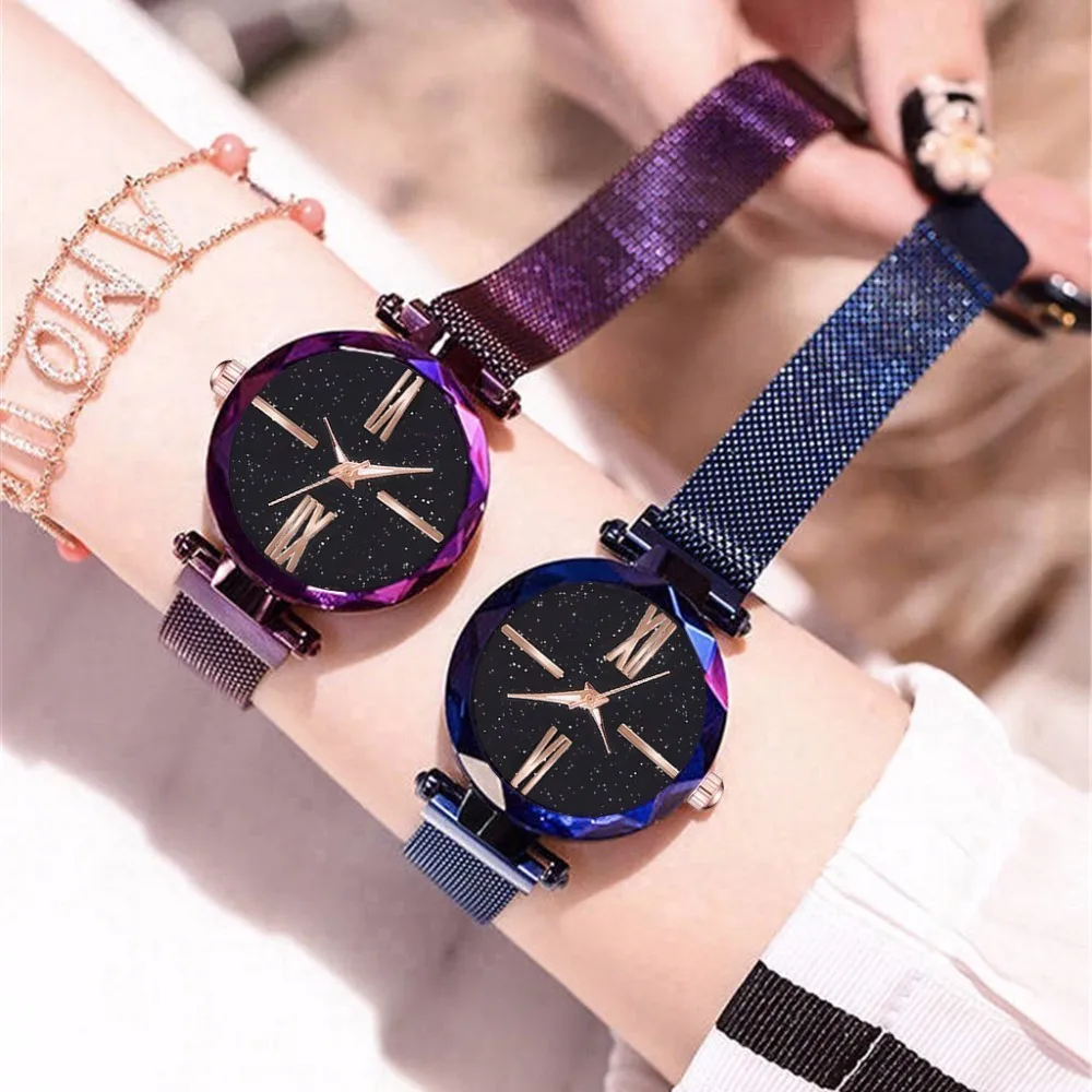 

Dropshipping Women Mesh Magnet Buckle Starry Sky Watch Luxury Ladies Geometric Surface Roma Dial Quartz Watch Relogio Feminino