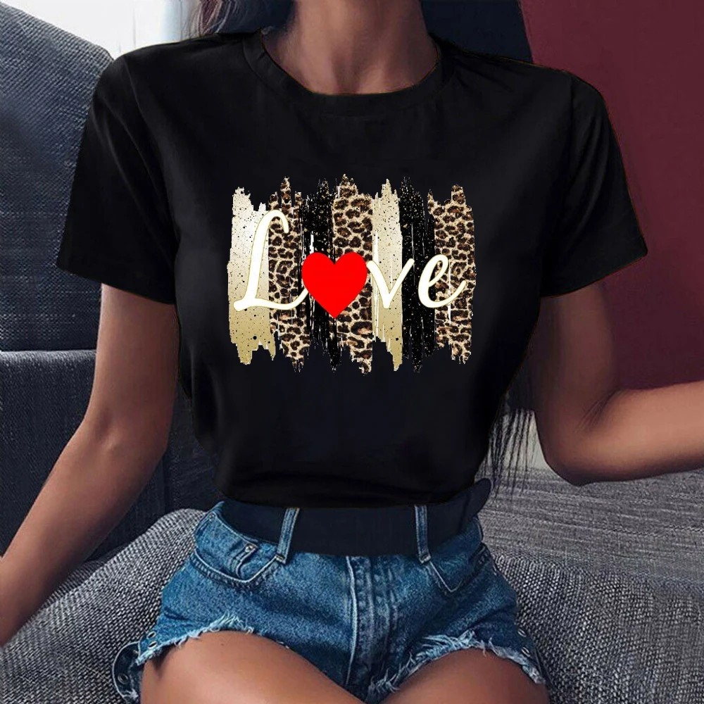 

Leopard Love Heart Print T shirt Women Black T-shirt Harajuku TShirt Summer Fashion Casual Short Sleeve Tee Shirt