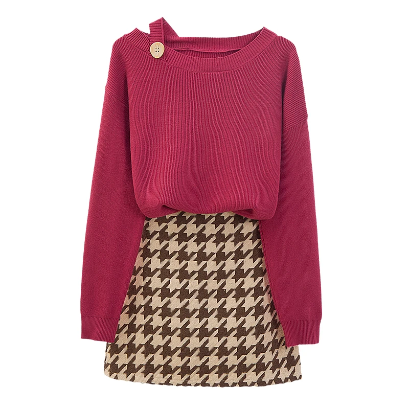 

New suit two-piece women Korean fashion lady outfit knitted sweater grid skirt tall waist knitwear clothes top quality suit