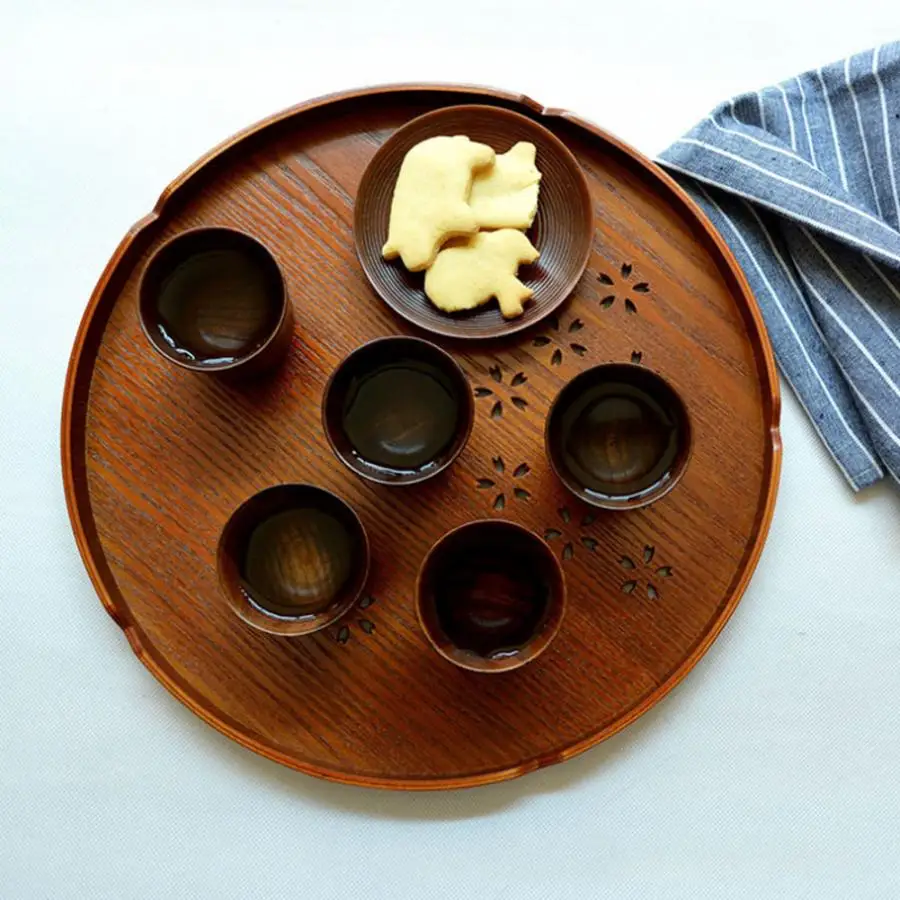 Чайные подносы деревянный полый Восточный Вишневый узор Круглый сервировочный