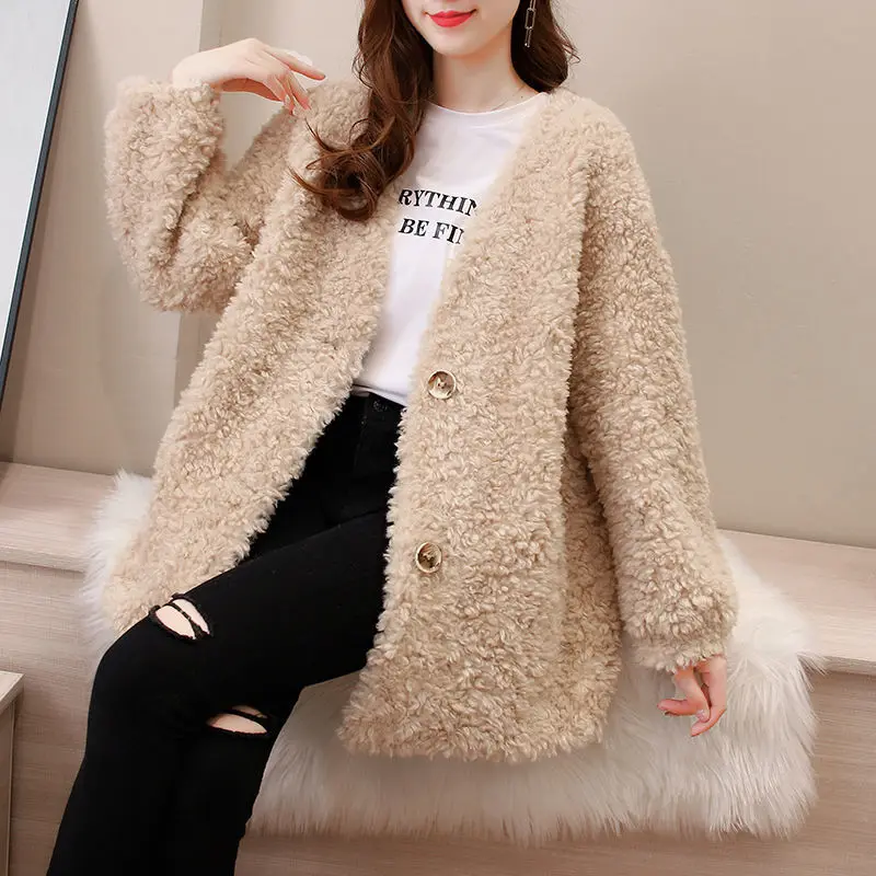 Women 2022 Autumn Winter New Fashion Real Lamb Wool Coat Natural Fur Jacket Female Long Sleeve Granule Warm Outerwear X836