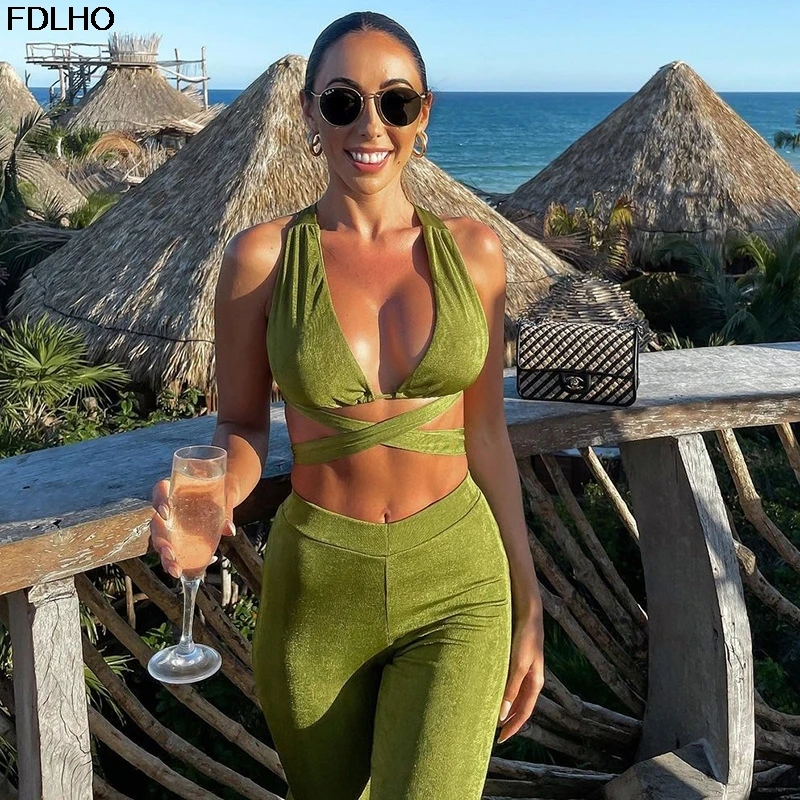 

Green 2021 Summer Bandage Crop Top And Long Pants High Waist Women Set Fashion Two Piece Sets Sexy Beach Outfits Casual