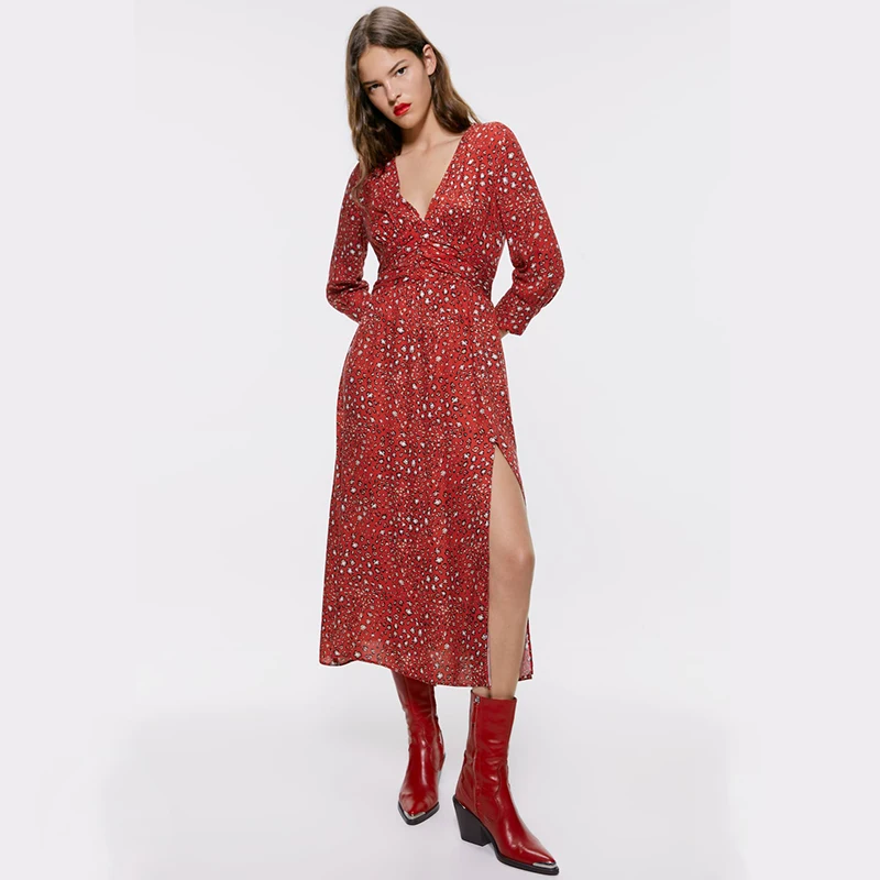 Ladyfirsy Za/2019 новые осенние платья с принтом животных и v образным вырезом красное