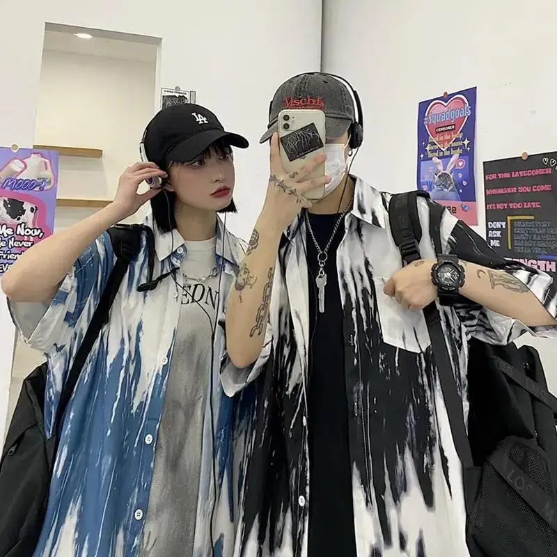 

Couple Tie Dye Shirt Girl Summer Loose Shirt Women Korean Punk High Street Print Tops Harajuku Clothes Short Sleeve Shirt Female