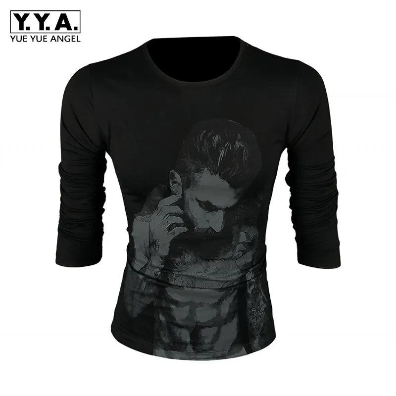 

Mens Long-Sleeve T-Shirt Round Neck Slim Fit Printed Cotton Males Tops Korean Style Black White Spring Autumn Fashion Casual