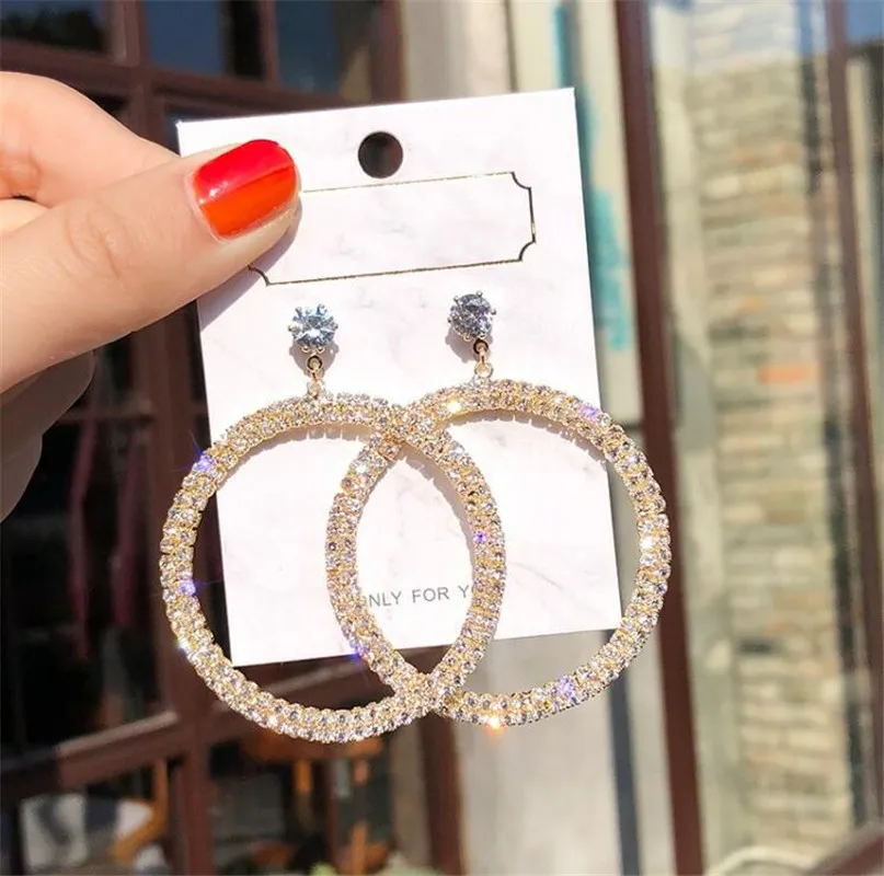 Новое поступление металлические Гипербола круглые серьги с кристаллом Женские Висячие серьги Модные женские корейские Простые Ювелирные изделия круглые серьги