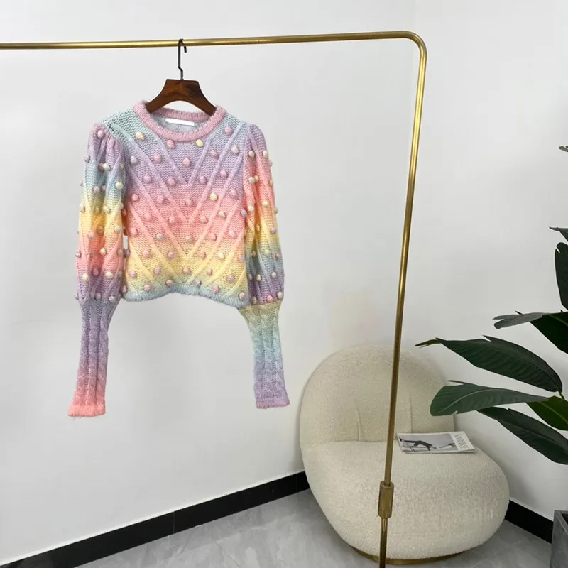 

Long Sleeve Top 2021 Autumn Winter Gradient Rainbow Balls Warm Knitted Sweaters For Women Fashion