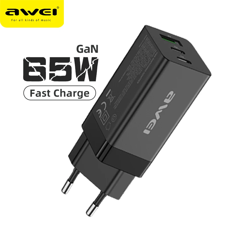 

Awei 65W GaN Charger Type C PD USB Charger Fast Charger EU Plug QC 4.0 3.0 Quick Charge For iPhone Huawei Power Adapter PD9
