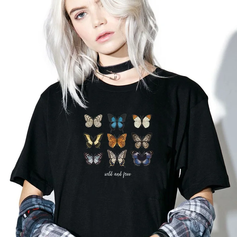 HAHAYULE-JBH надпись Wild And Free бабочка в Корейском стиле Модные и милые эстетика Harajuku Tumblr