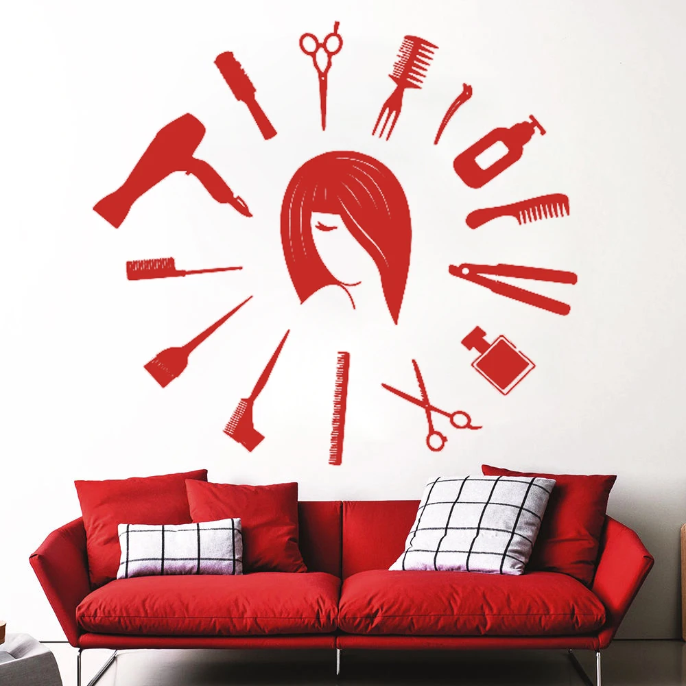

Hair Salon Wall Window Decal for women Beauty Salon decoration Sticker Hair Stylist Hair Tools Scissors Barber Shop decor HY1596